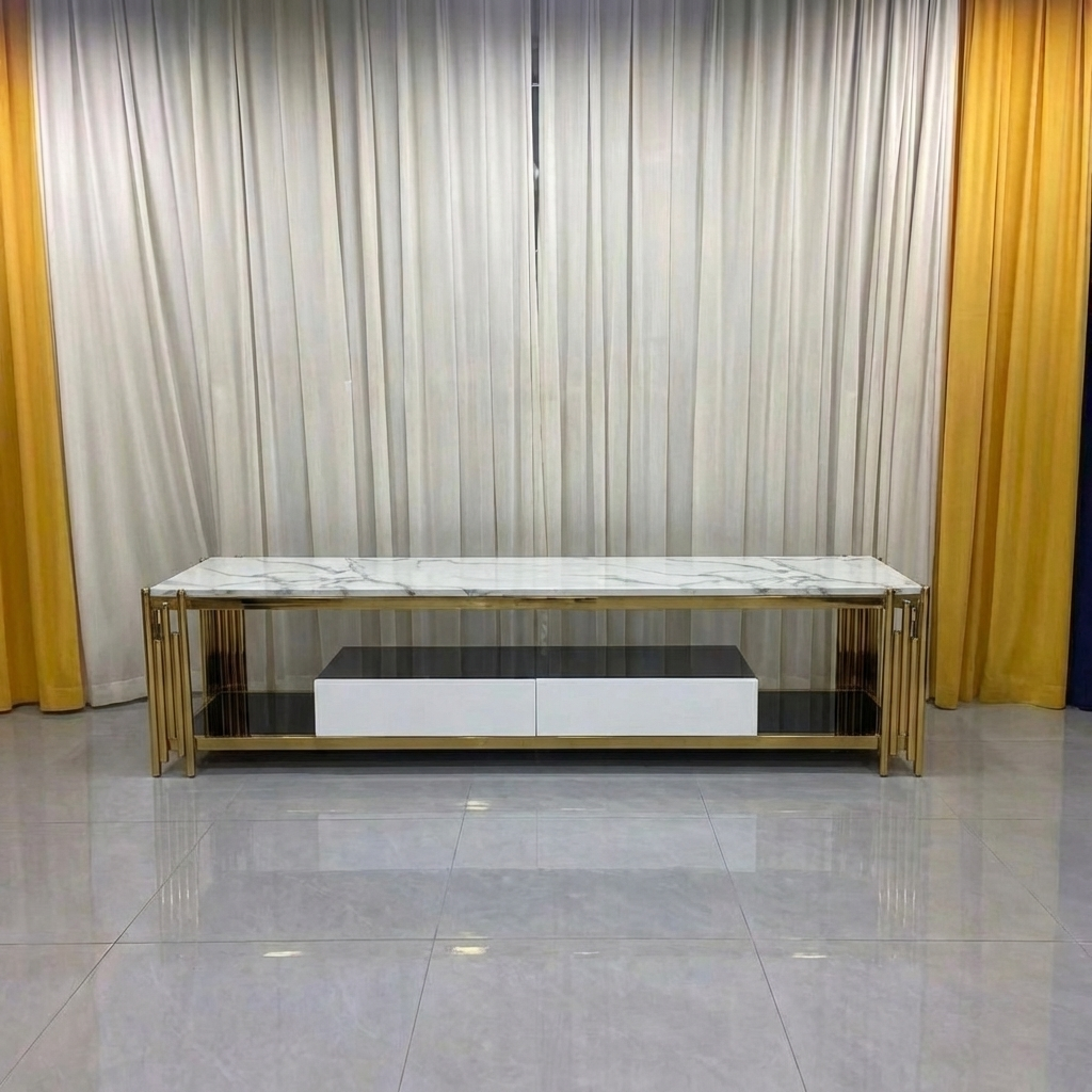 Modern TV stand with marble top in front of a curtain backdrop