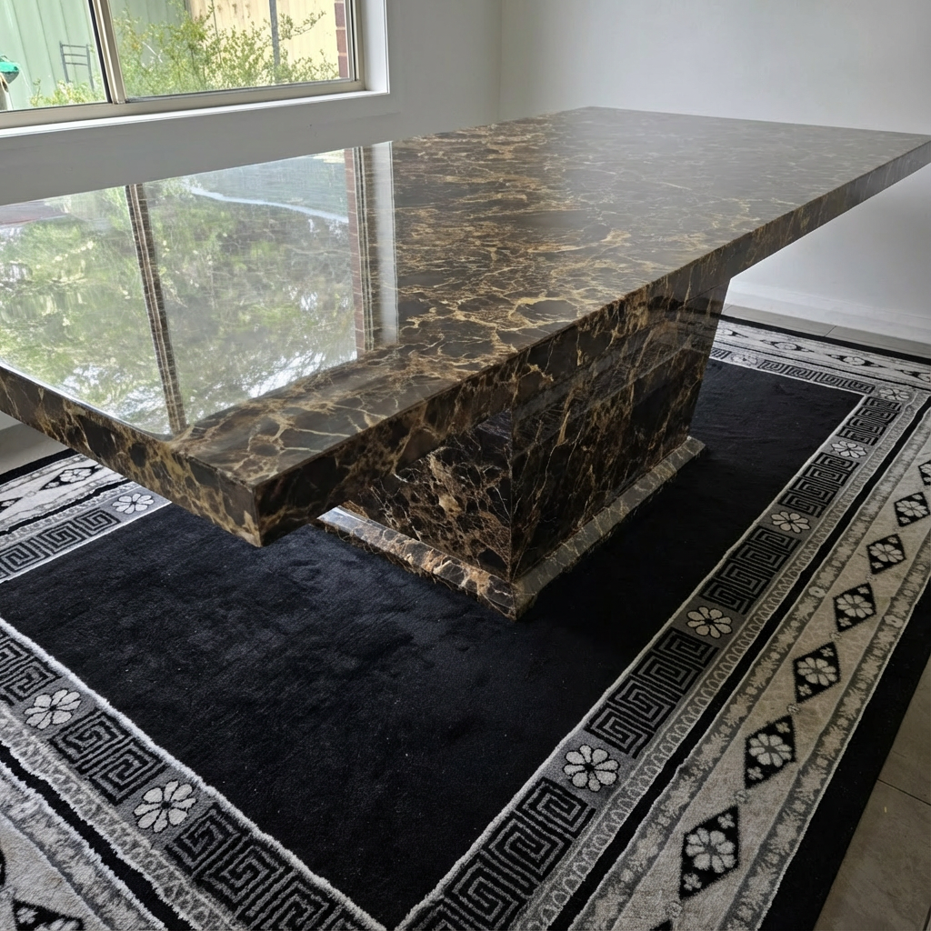 Marble-patterned table in a room with a rug and window