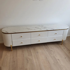 Marble TV Unit with 6 Drawers in White MDF Material with Gold Stainless Steel frame