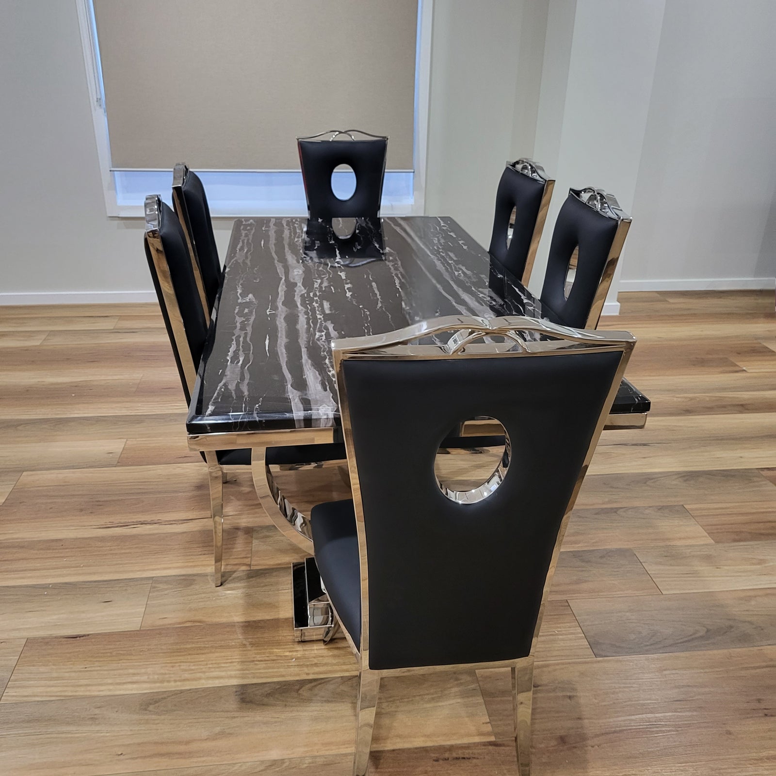 Classic Marble-Top Dining Table with six chairs