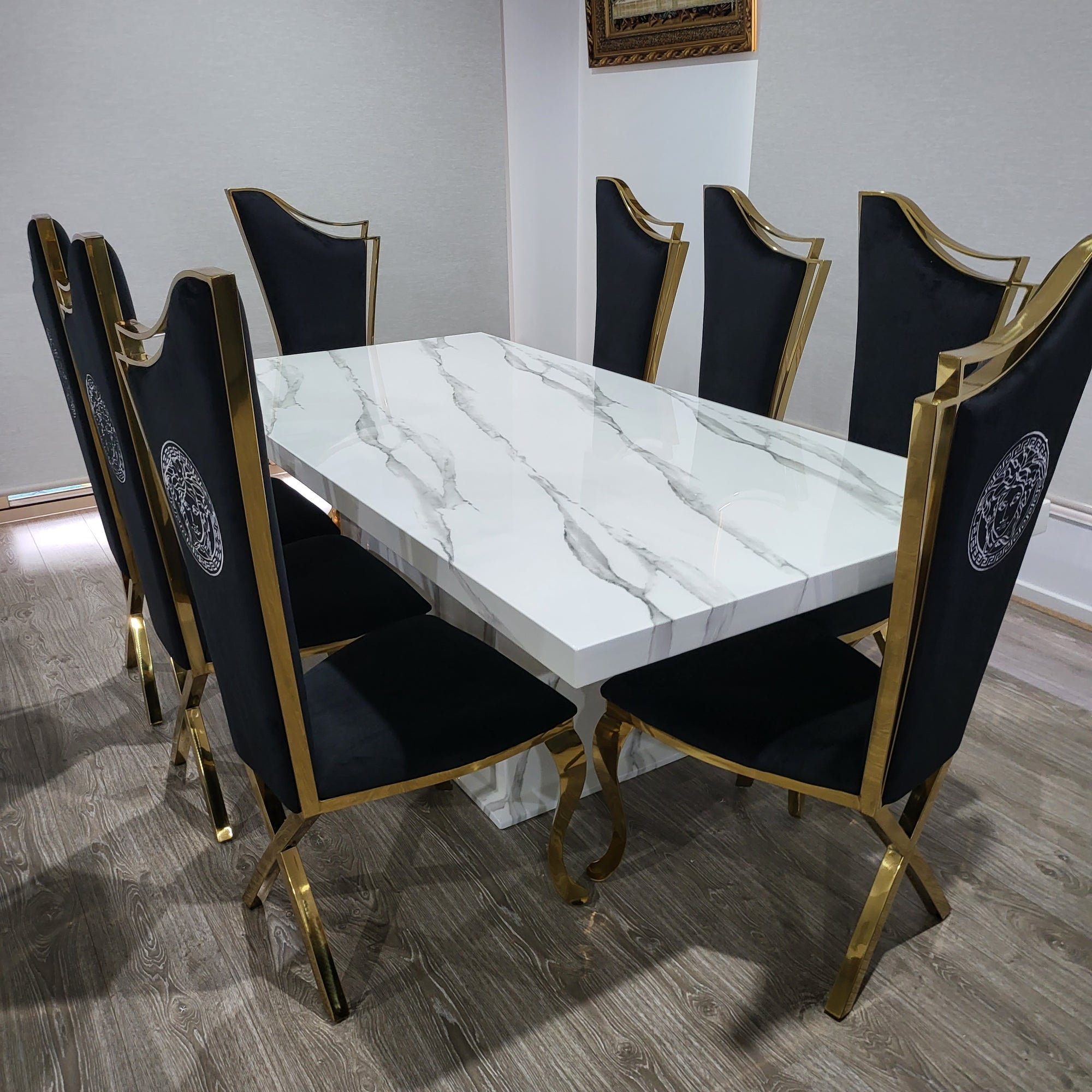 White-Grey Dining Table with 8 Black Versace Velvet Leather Dining Room Chairs in Gold Stainless Steel Frame