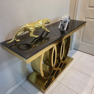 Modern Audi Stylish And Luxurious Black Marble Console Table Featuring A Durable Gold Stainless Steel Frame
