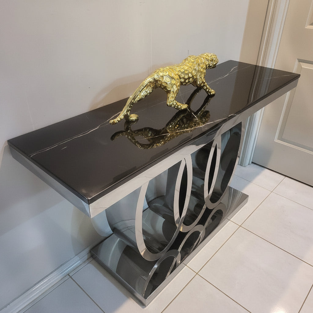 Audi Stylish And Luxurious Black Marble Console Table Featuring A Durable Gold Stainless Steel Frame
