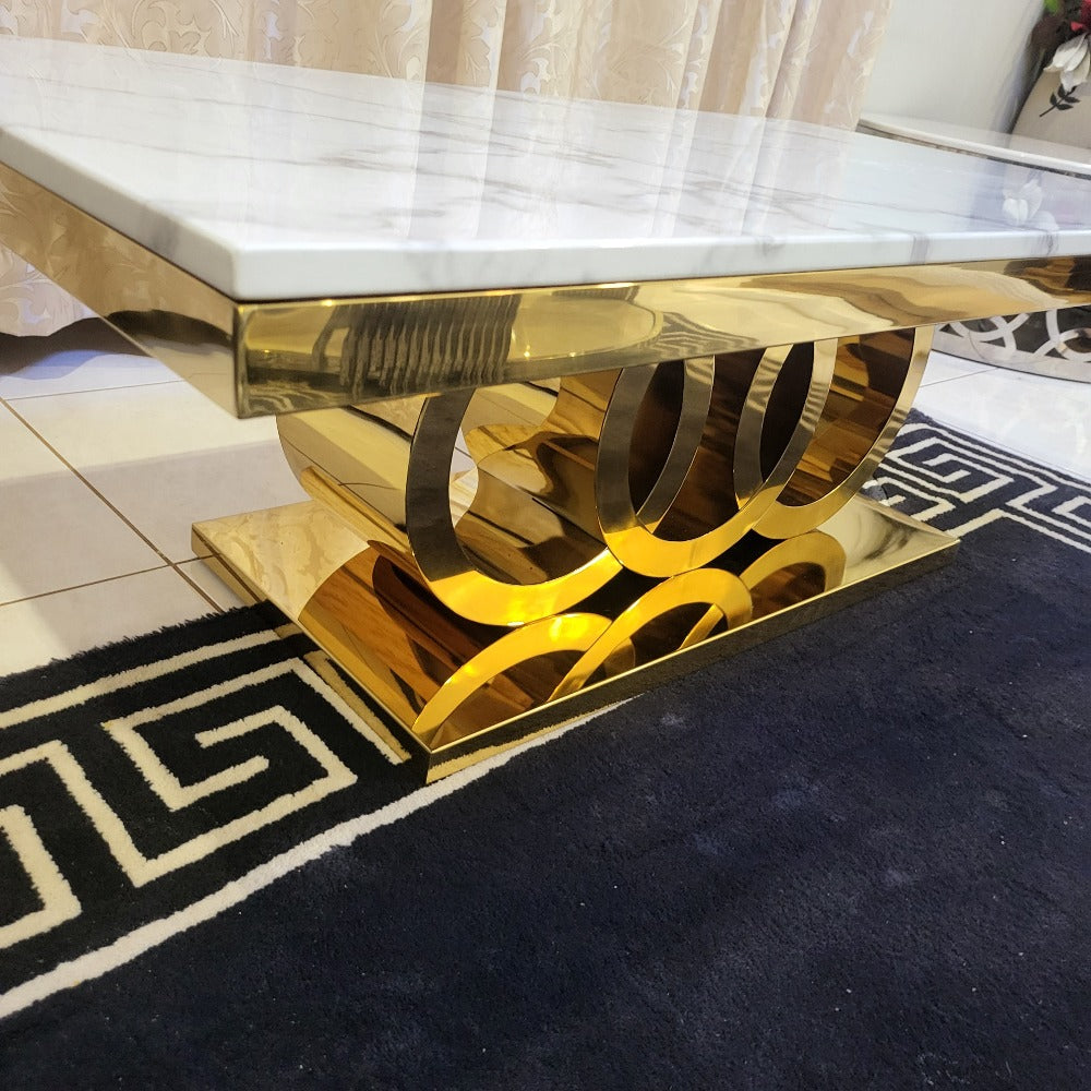 RBM Classic Home Furniture Store / Shop with Modern Circles White Grey Faux Marble Coffee Table with Gold Stainless Steel Frame