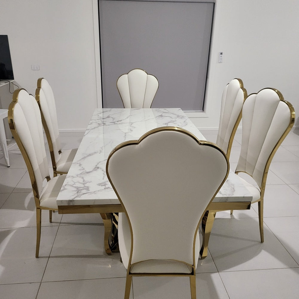 Luxurious Modern U-Shaped Marble Dining Table With Gold Nelly White Leather Style Dining Room Chairs in Gold Stainless Steel Frame