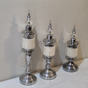 A set of 3 Classy and Modern Candleholders / Candle Sticks in Silver Stainless Steel Frame With White Pearls