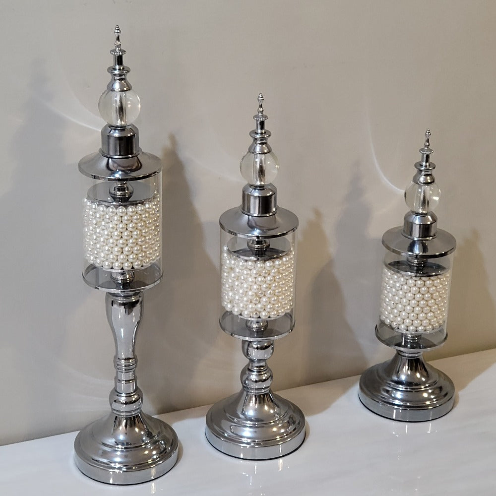 Silver Decoration Stick with White pearls and Stainless Steel Frame, Set of 3