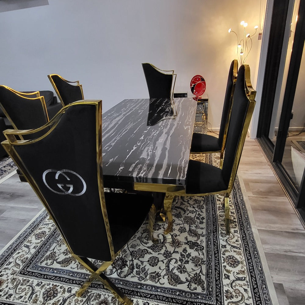 Classy Marble Dining Table With Black GG Velvet Style Dining Room Chairs in Gold Stainless Steel Frame