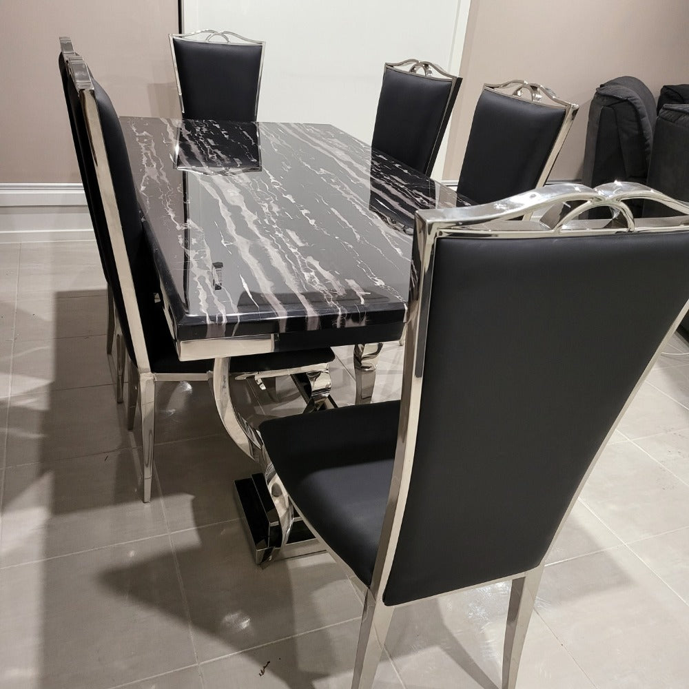 RBM Classic Home Online Furniture Store / Shop With Cheap / Discounted Prices. Luxurious and Stylish U-Shaped Marble Dining table with Silver Classic Black Velvet Dining Room Chairs in Silver Stainless Steel Frame.
