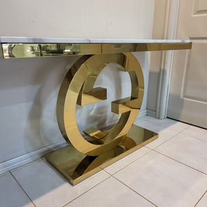 Classy GG Style White Grey Marble Hallway Console Table in Gold Stainless Steel Frame
