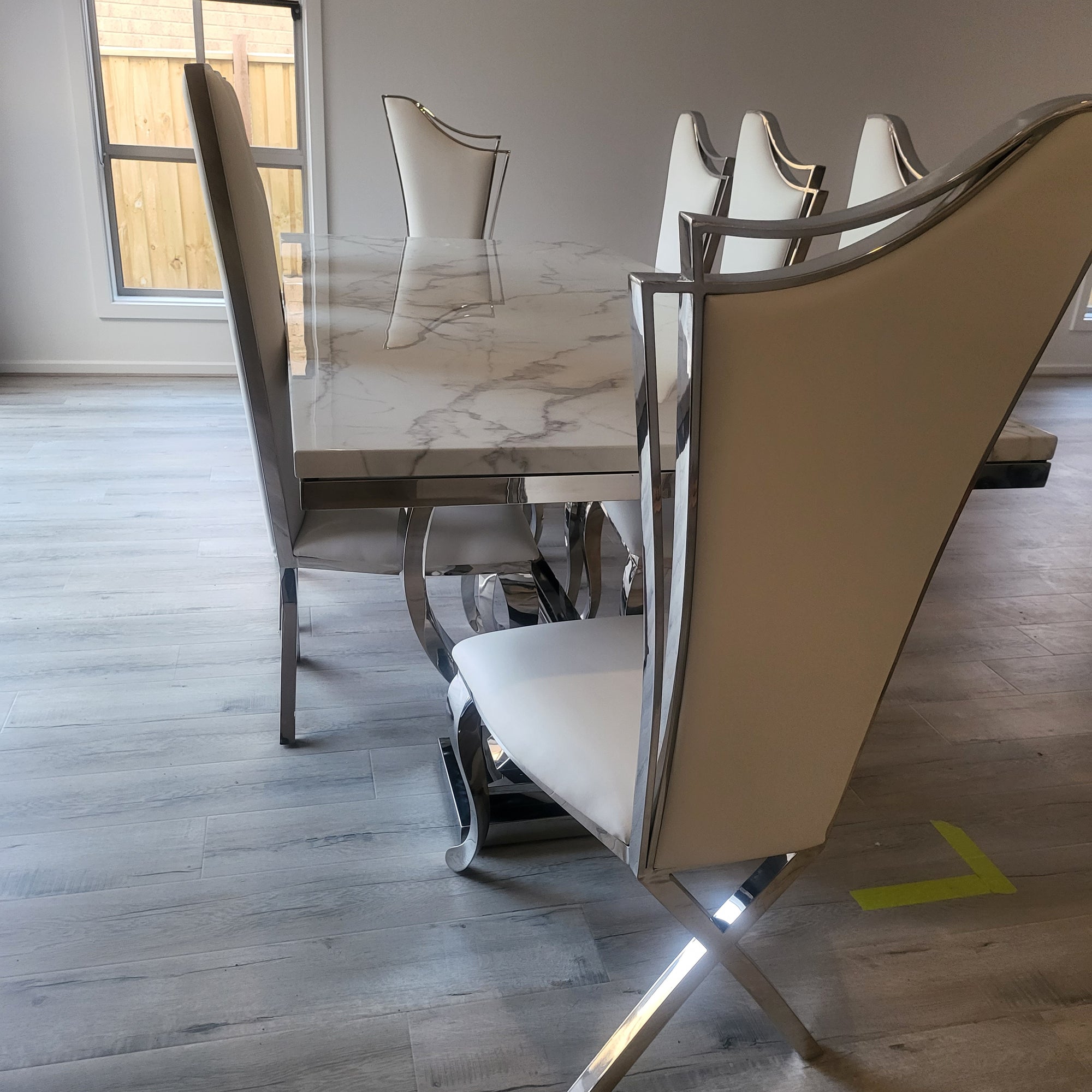 White-Grey Dining Table with 8 White Leather Dining Room Chairs