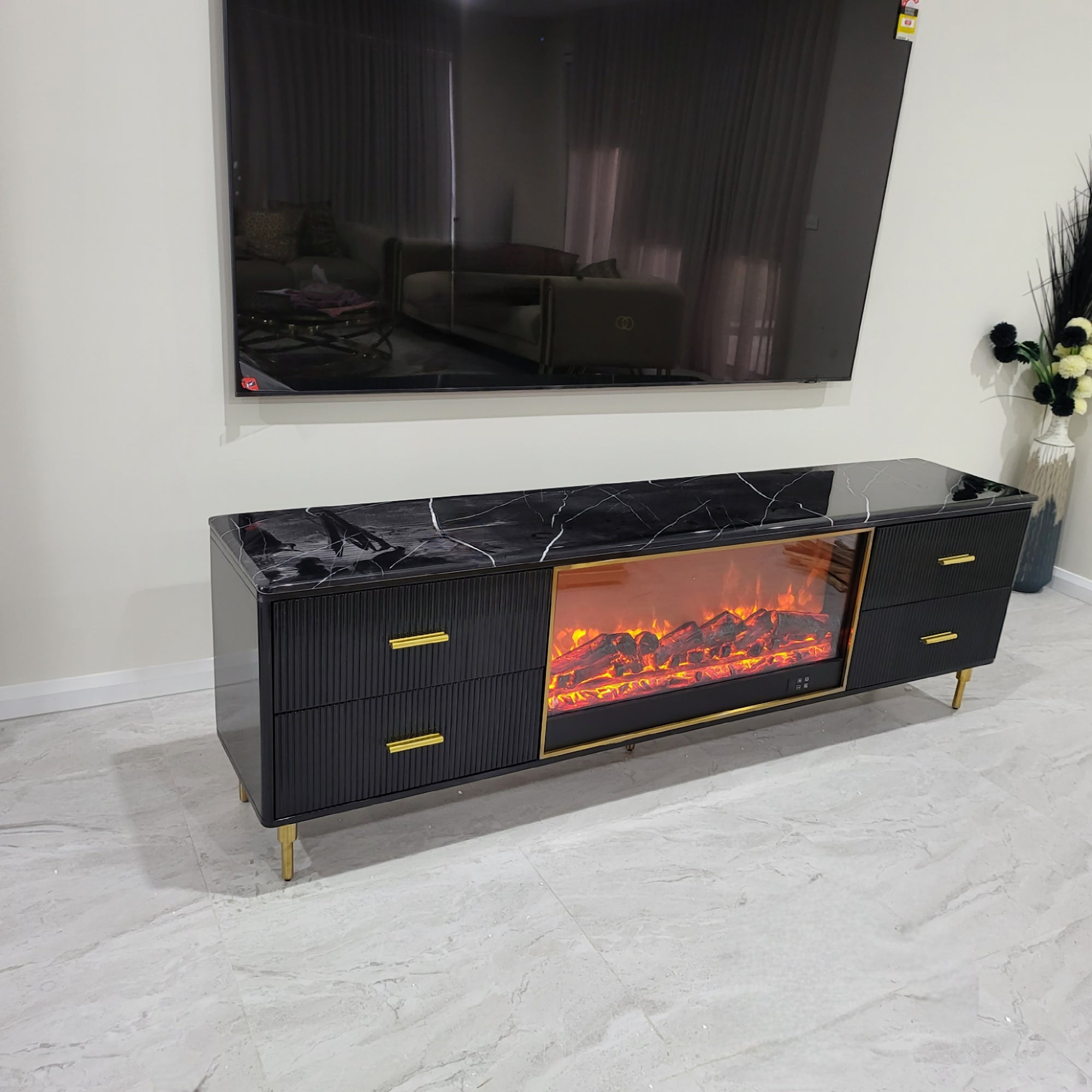 MDF Black TV Stand with a Fireplace Reflector