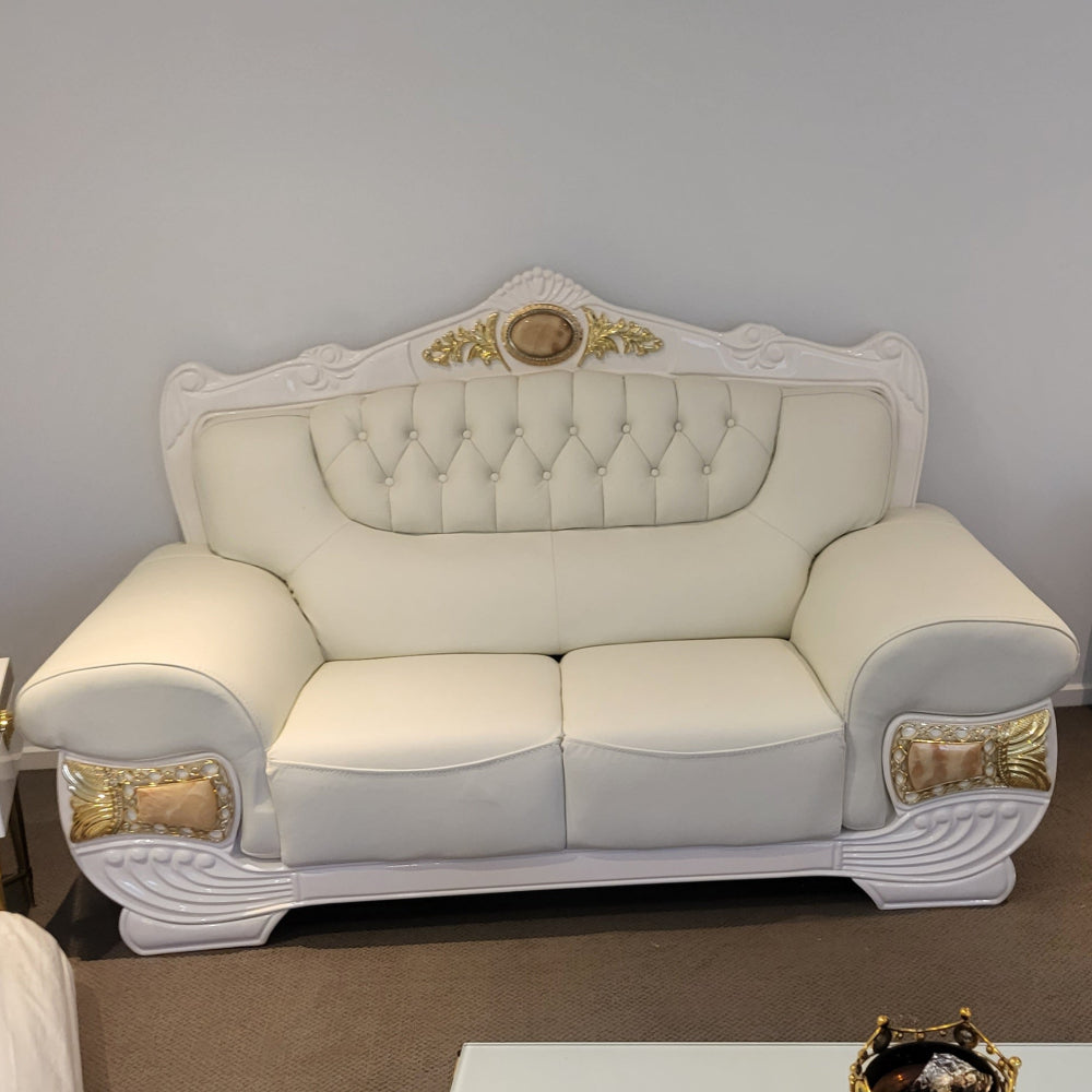 Hard Real / Genuine Leather Sofas / Couches in White with 24 karat Gold Trims and Modern Wood Finish