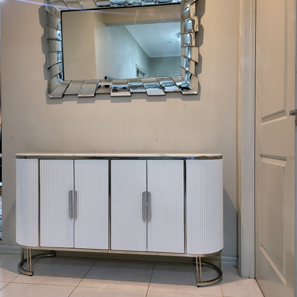 Classic Modern Buffet Cabinet in Bronze Storage Dining Room Buffet Cabinet with 4 shelves in White MDF and Silver Frame