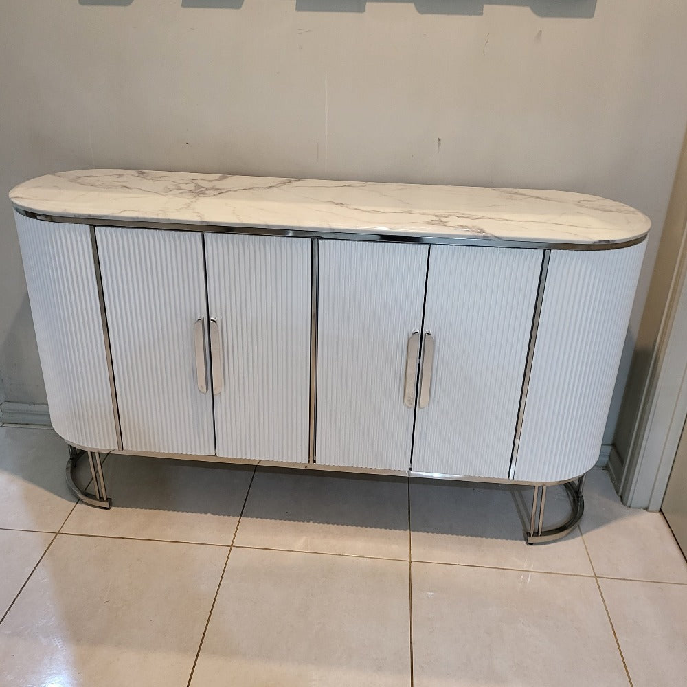 New Modern Buffet Cabinet in Bronze Storage Dining Room Buffet Cabinet with 4 shelves in White MDF and Silver Frame