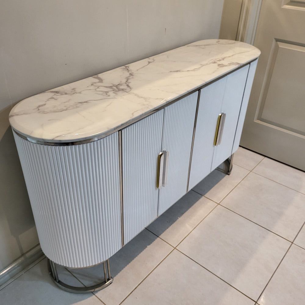 Modern Buffet Cabinet in Bronze Storage Dining Room Buffet Cabinet with 4 shelves in White MDF and Silver Frame