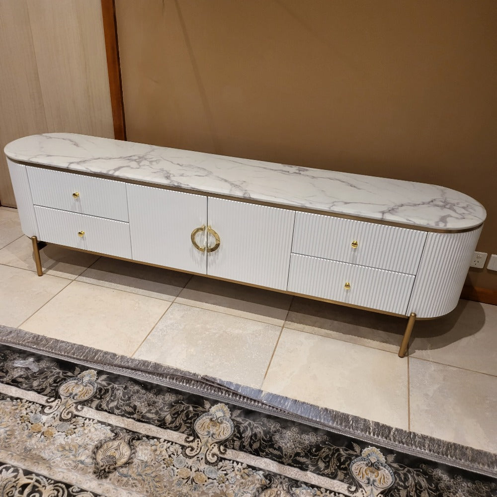 Classic Modern White TV Stand / Unit / Entertainment Unit in White MDF Material with 4 Storage Drawers and 2 Shelves with a matching coffee table