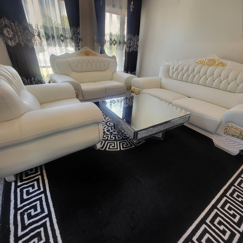 Real / Genuine Leather Sofas / Couches in White with 24 karat Gold Trims and Modern Wood Finish with Glass-Crushed Coffee Table