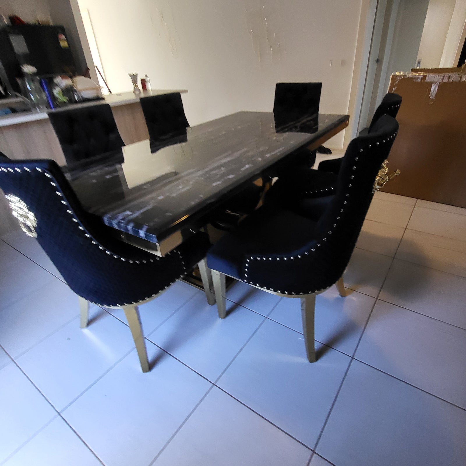 U-Shaped Marble Top Dining Table with Six Chairs
