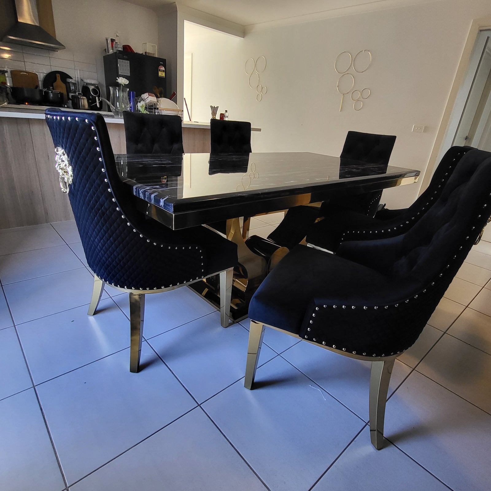 U-Shaped Marble Top Dining Table with Six Chairs