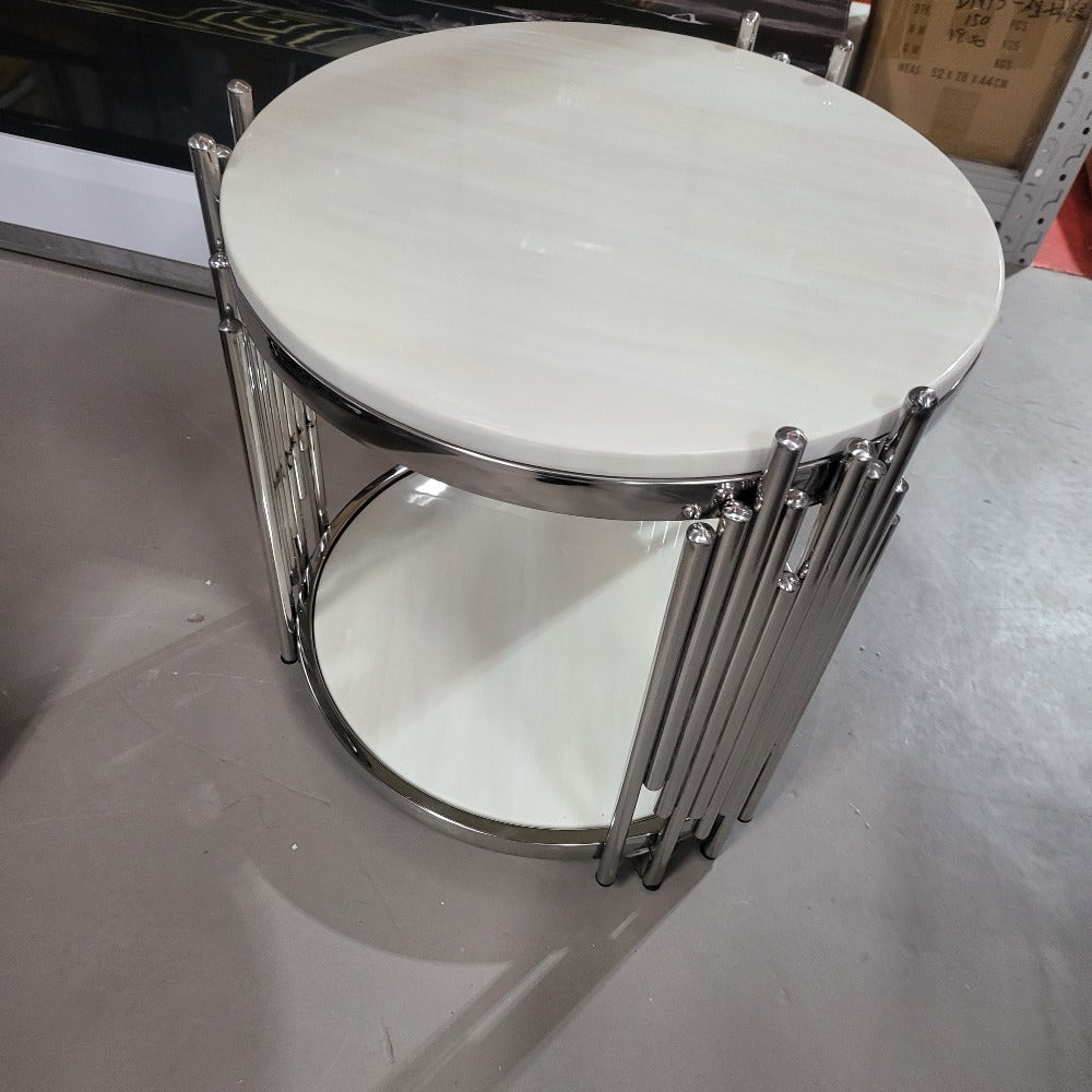 RBM Classic Home Online Store Shop with Elegant White Grey Classic Marble Top Side Table with Silver Stainless Steel Frame