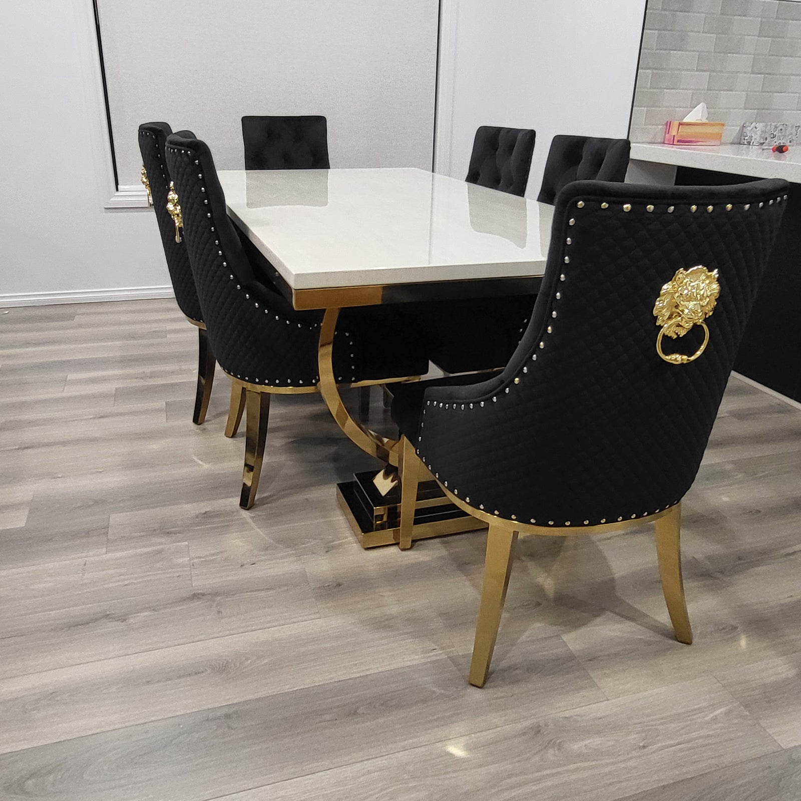 Classic Marble-Top Dining Table with six chairs