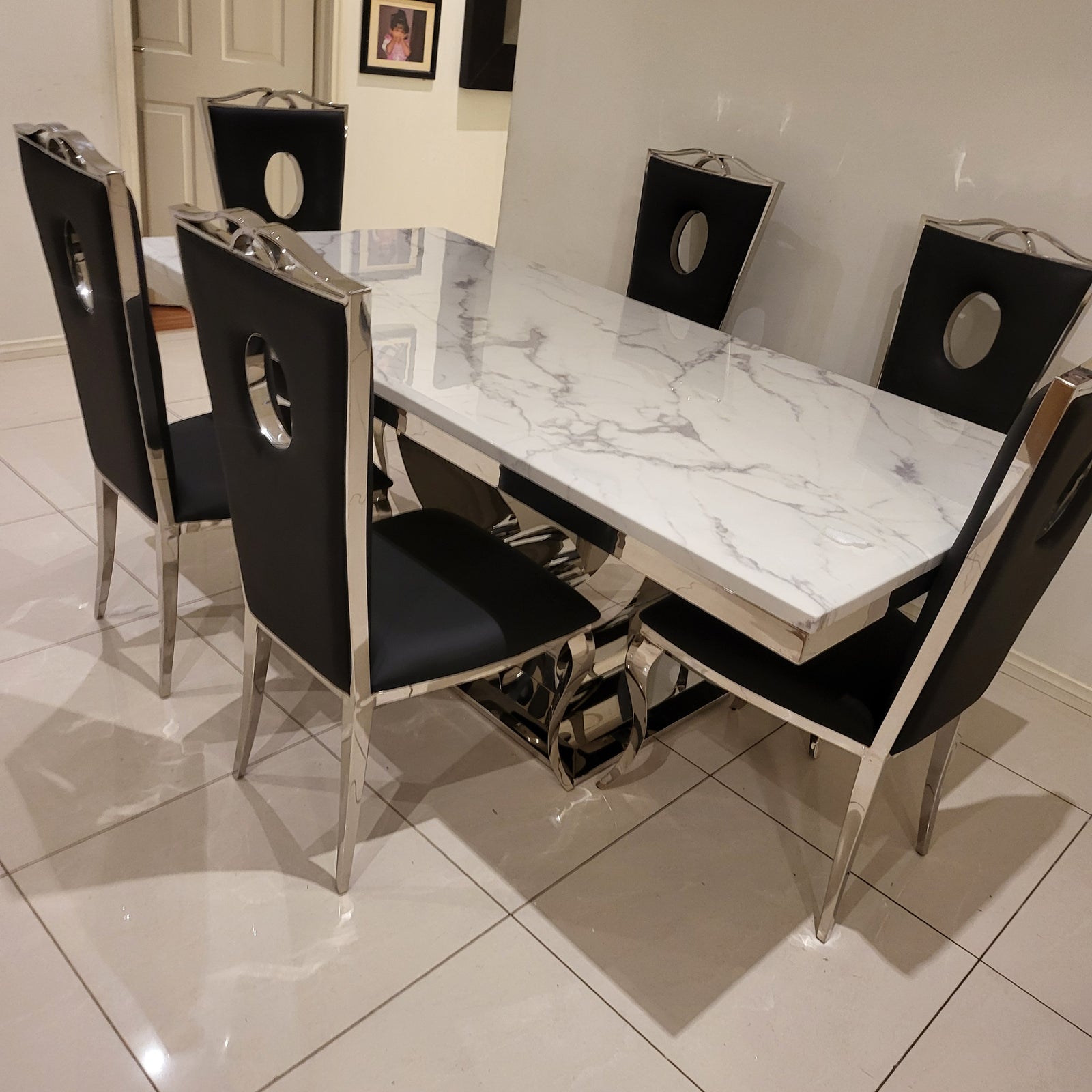 U-Shaped Marble Top Dining Table with Six Chairs