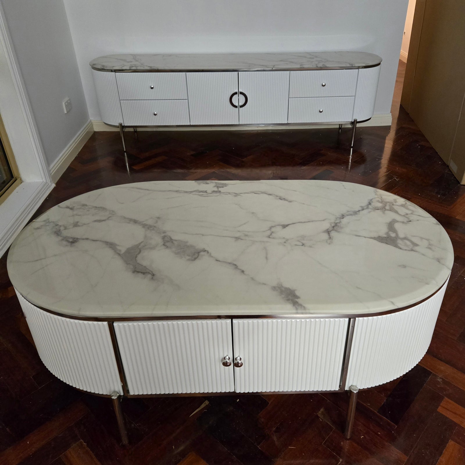 Modern White MDF TV Cabinet - (4-Drawers) - Silver