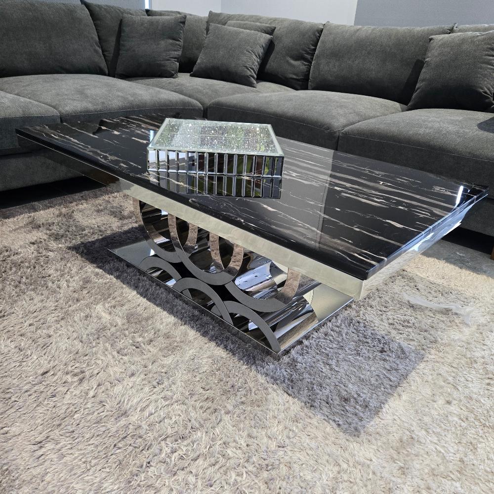 RBM Classic Home Furniture Store / Shop with Modern Audi Marble Coffee Table with Silver Stainless Steel Frame. Classy and Best Coffee Table with a Black Grey Marble Colour