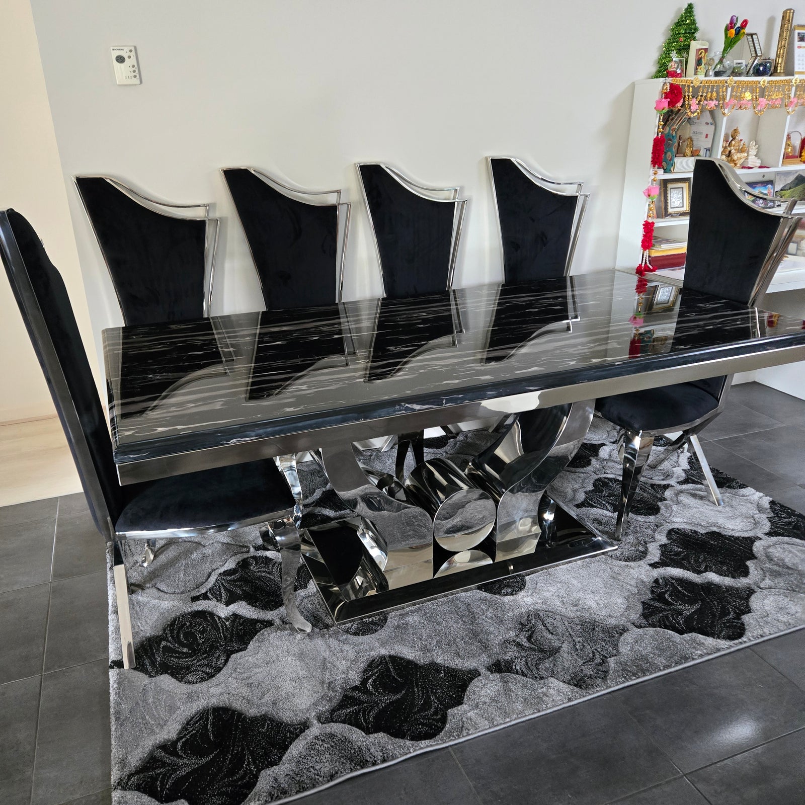 U-Shaped Marble Top Dining Table with Six Chairs