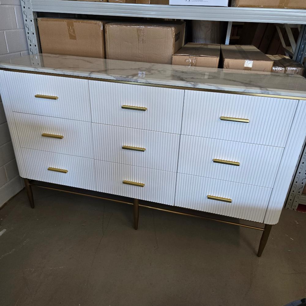 Modern Buffet Cabinet in Bronze Storage Dining Room Buffet Cabinet with 9 Drawers in White MDF and Gold Stainless Steel Frame