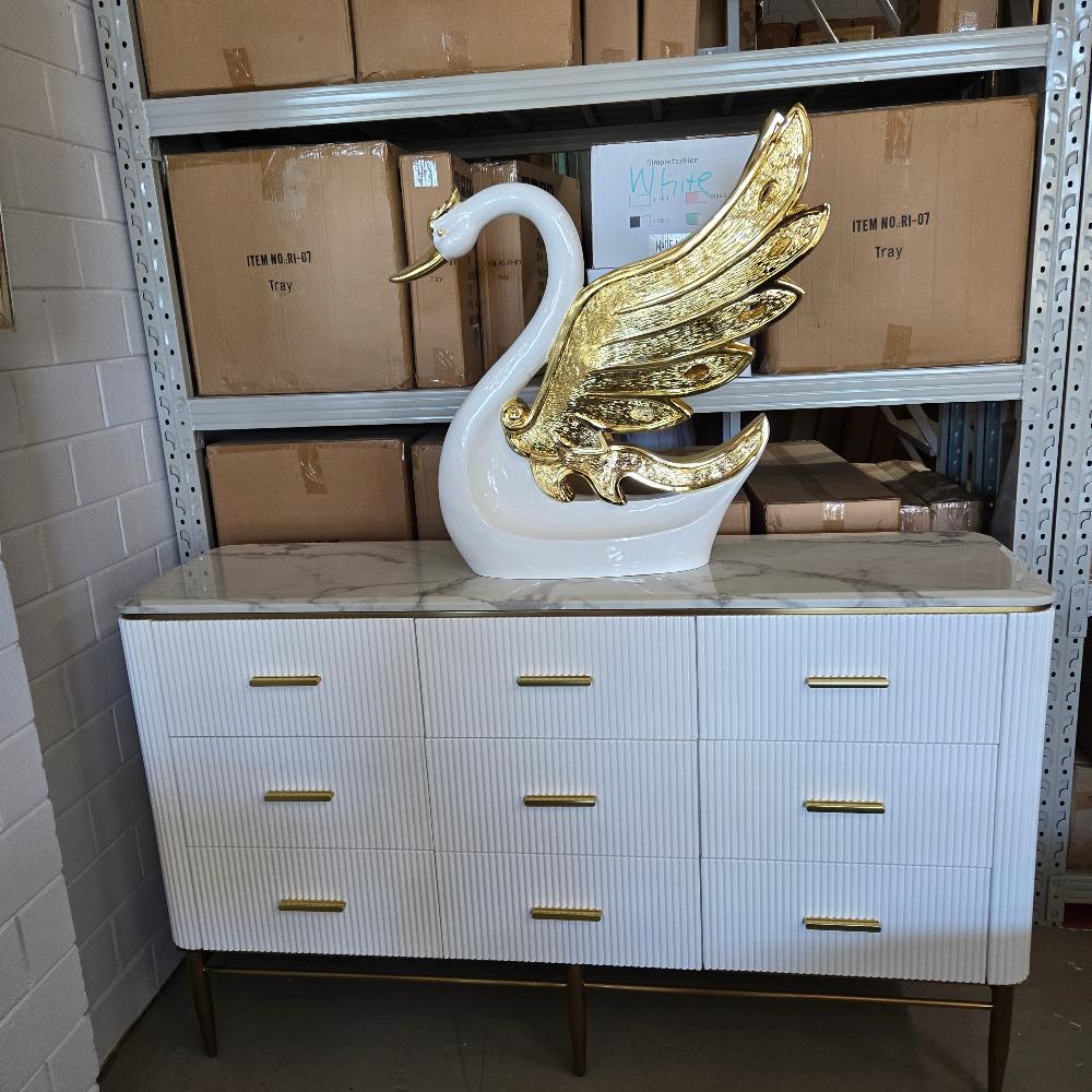 Modern Buffet Cabinet in Bronze Storage Dining Room Buffet Cabinet with 9 Drawers in White MDF and Bronze