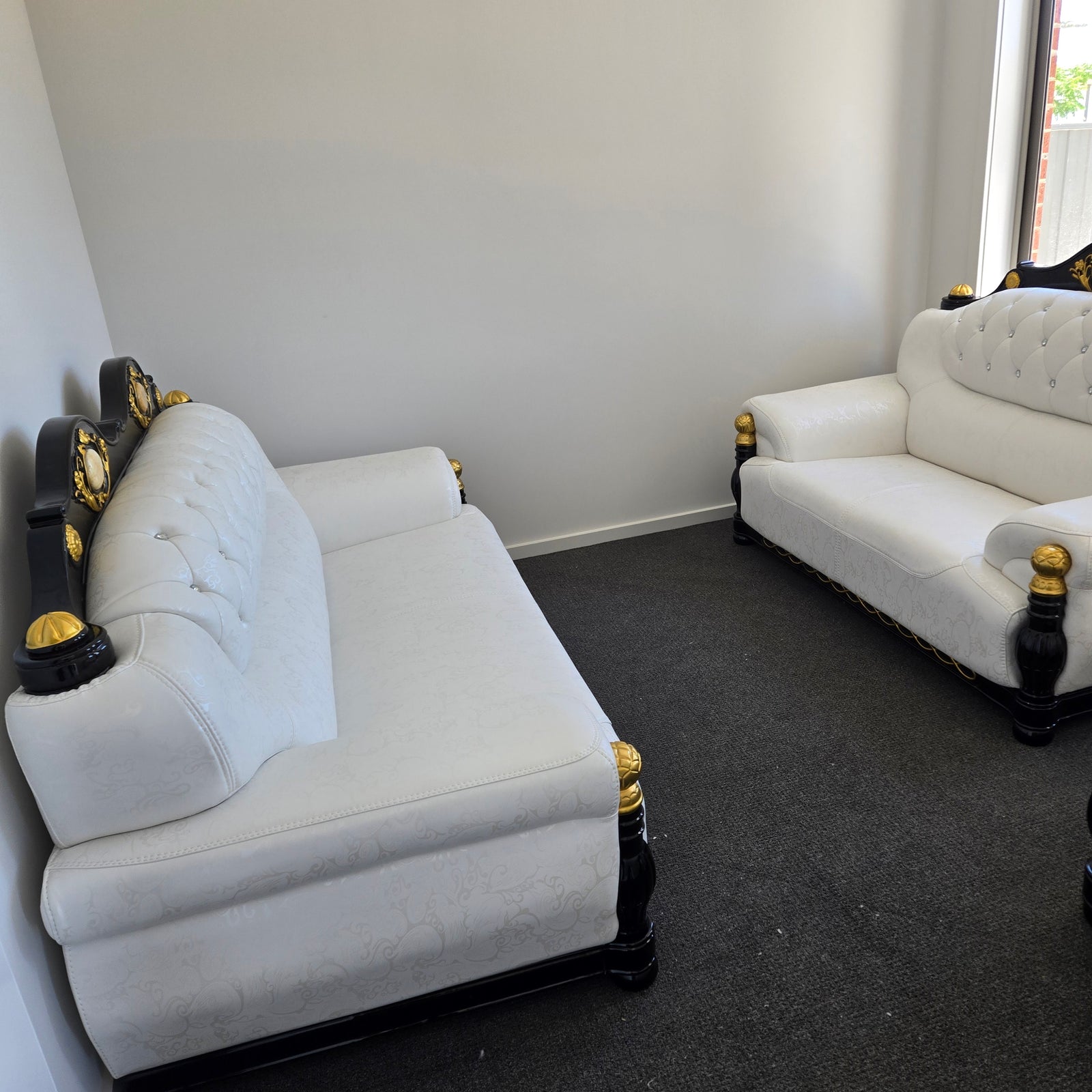 Cream Leather with Black Wood Sofa set