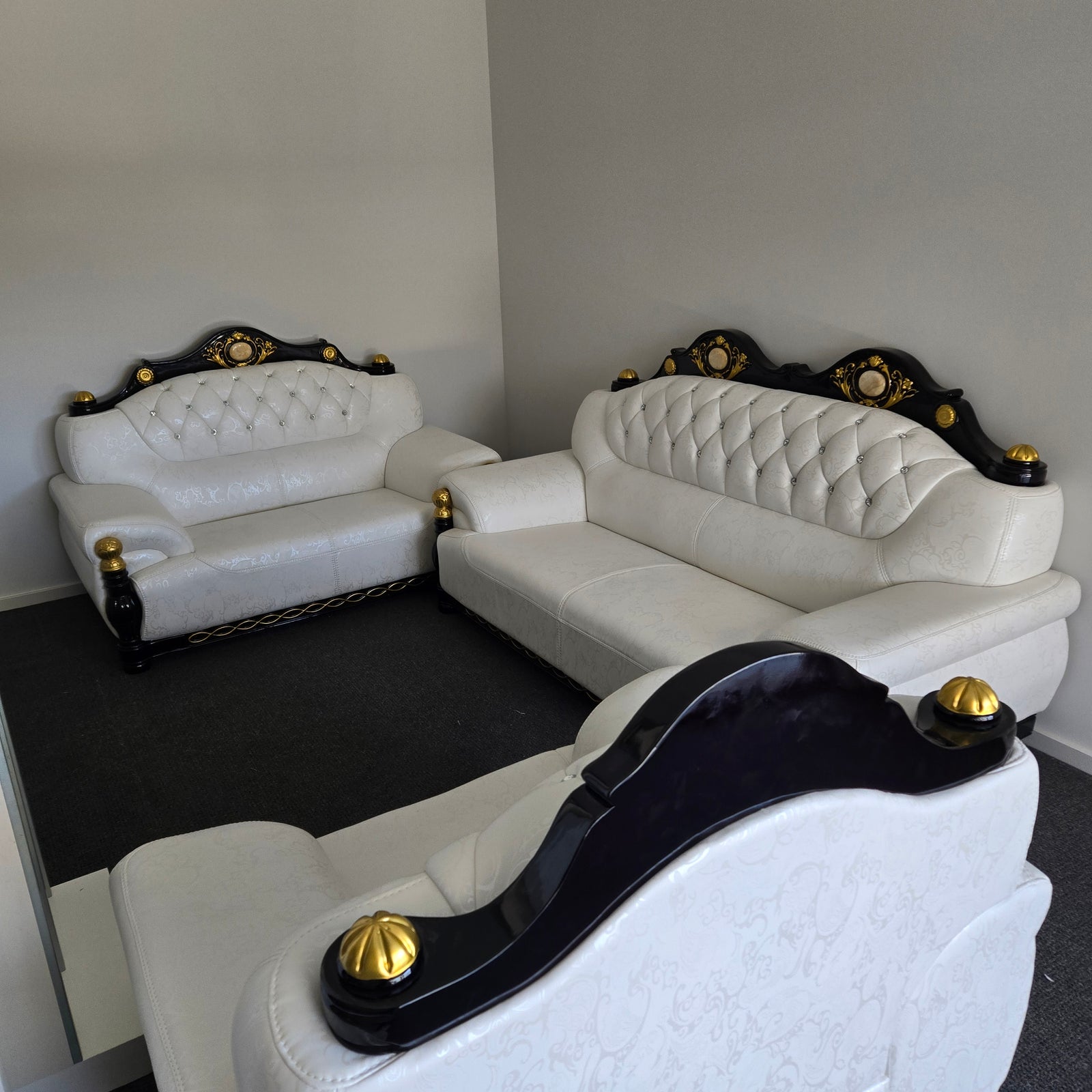 Cream Leather with Black Wood Sofa set