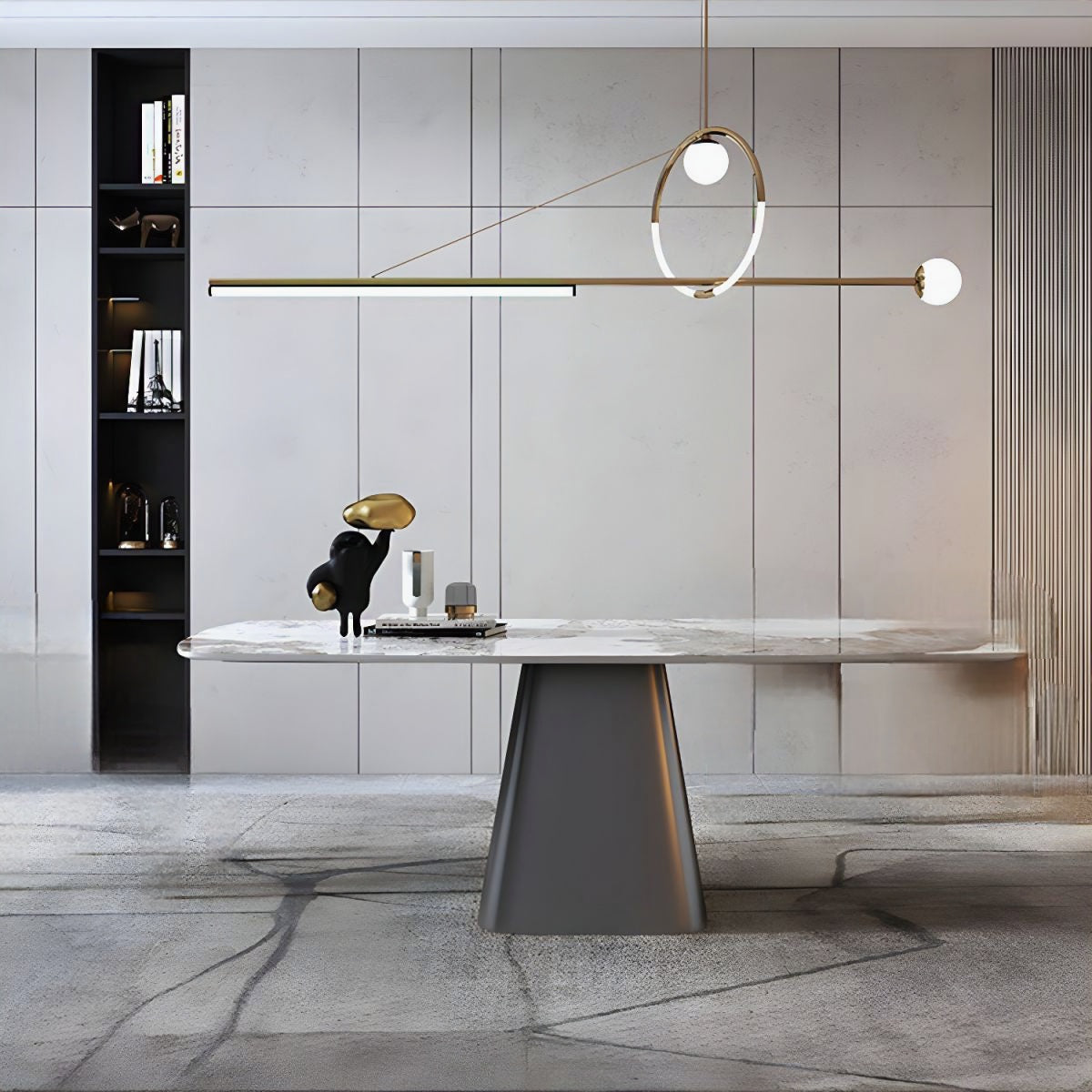 A modern rectangular marble dining table with a dark stainless steel base, with a black marble top that has grey lines