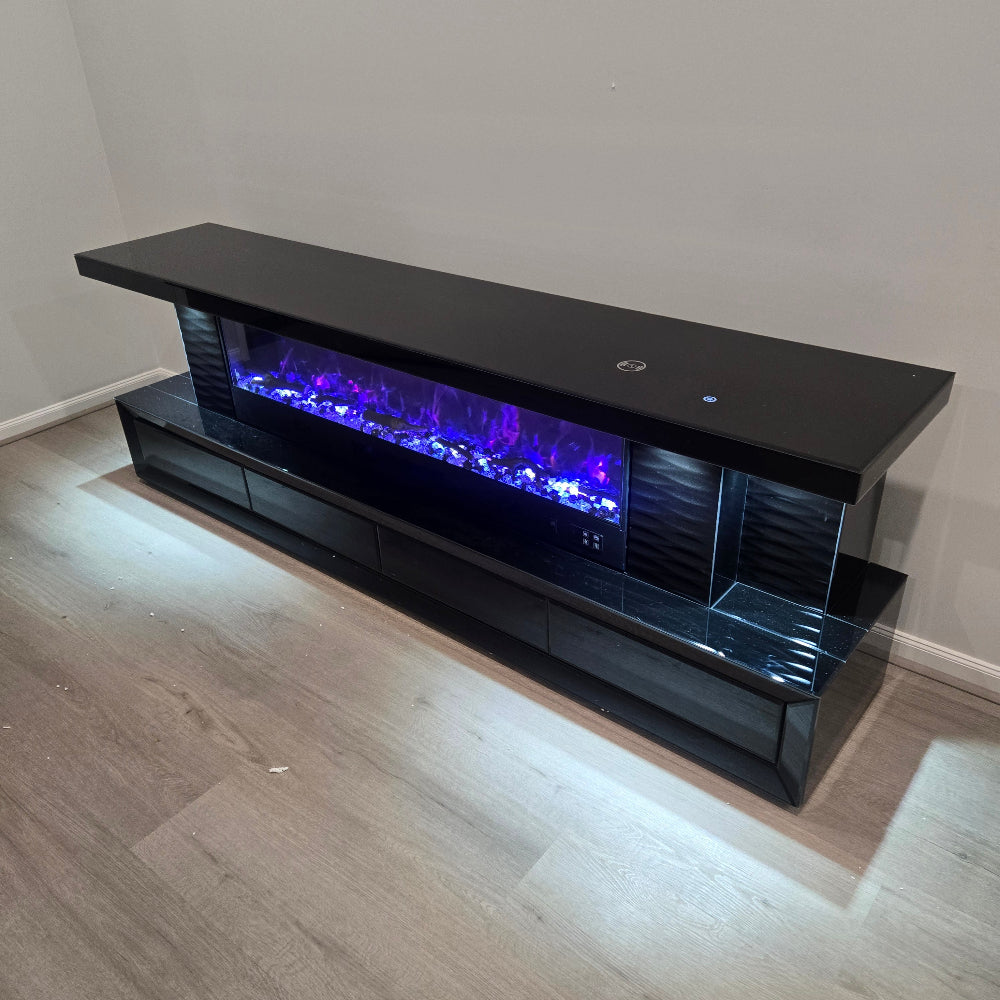 Modern Black Glass TV Stand with LED Lights at each corner, Bluetooth Speakers and 13 Colour Crystal Light Changes / Reflectors. Best TV Stand at RBM Classic Home
