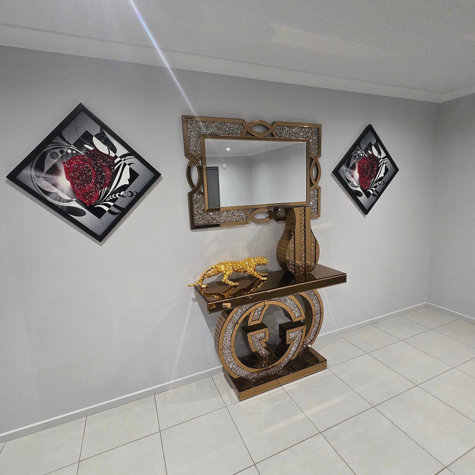 Red Rose Embellished Wall Art - Black Frame