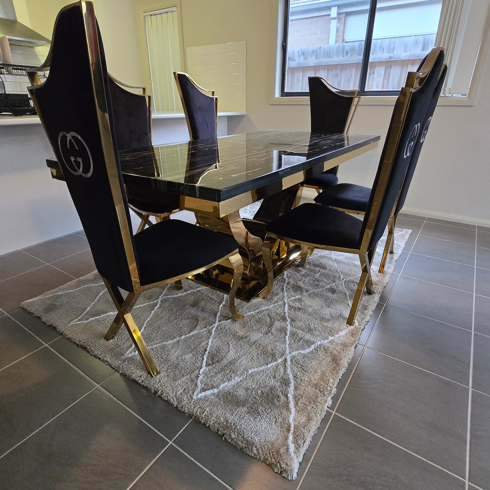 U-Shaped Marble Top Dining Table with Six Chairs