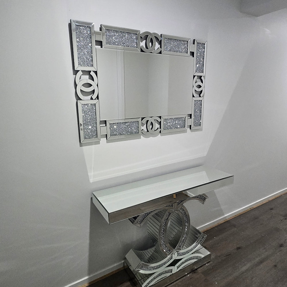 Silver Chanel Mirrored Glass Hallway Console Table and Mirror with diamond Crushed Glass