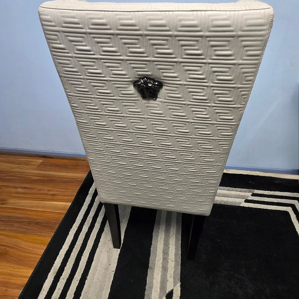 Versace Modern Classy Light Grey Leather Cushioned and Comfortable Dining Room Chairs Black Solid Wood Frame. RBM Classic Home Furniture Store in Melton
