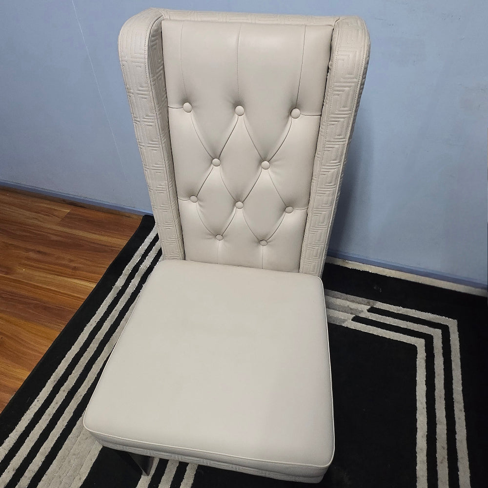 Versace Modern Classy Light Grey Leather Cushioned and Comfortable Dining Room Chairs, Black Solid Wood Frame. RBM Classic Home Furniture Store in Melton, Family and Operated