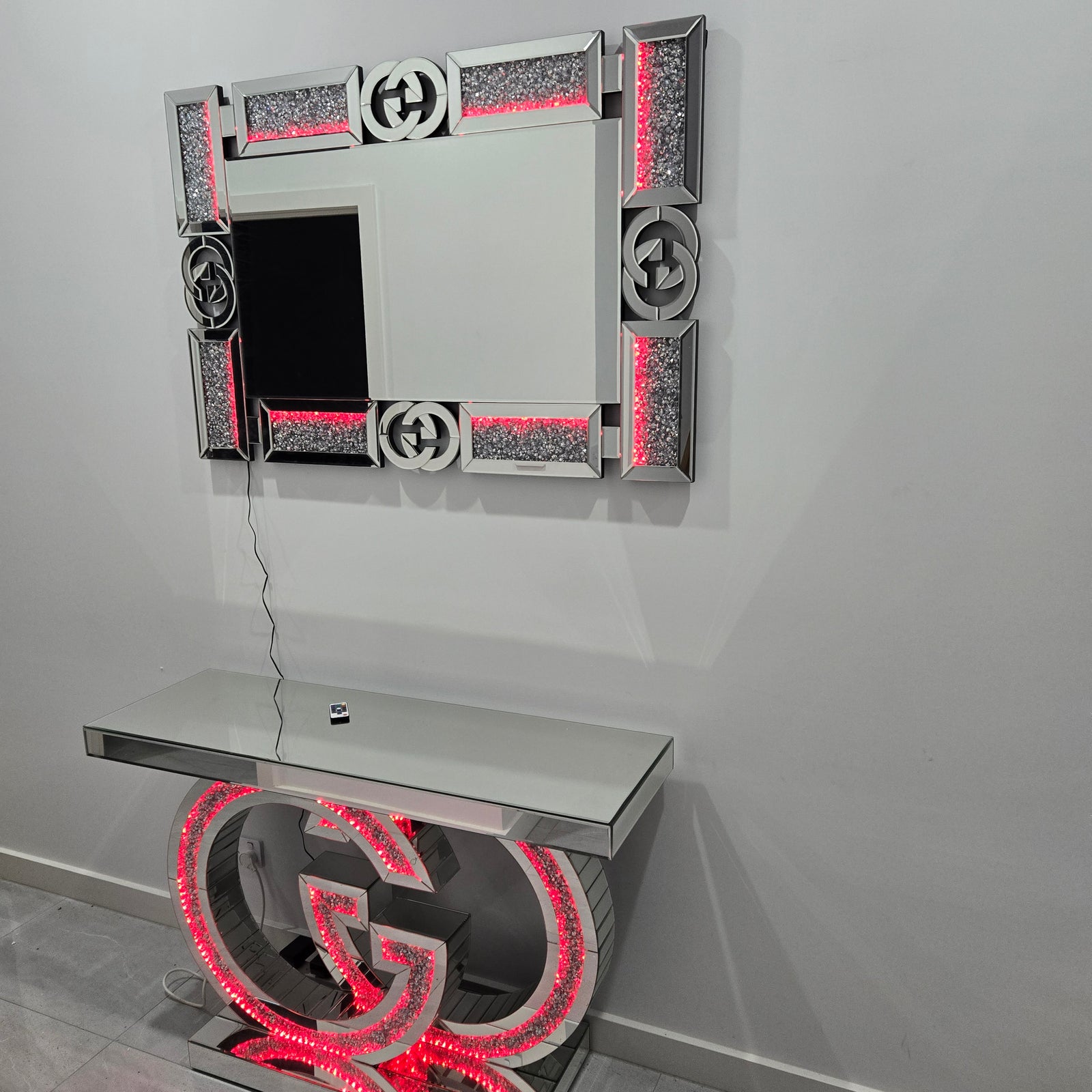 LED Adrian Console Table & Circle Mirror (Silver)