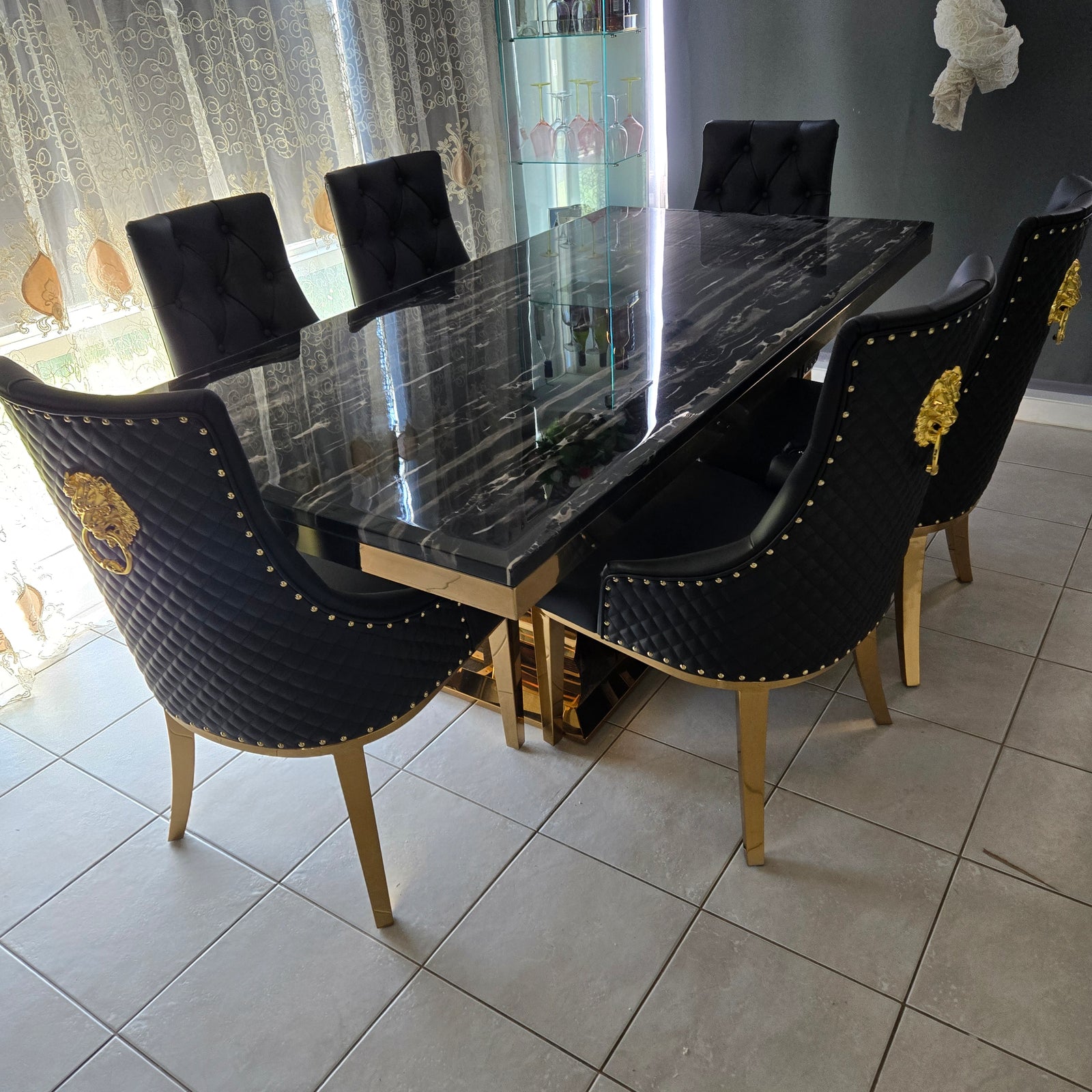 U-Shaped Marble Top Dining Table with Six Chairs