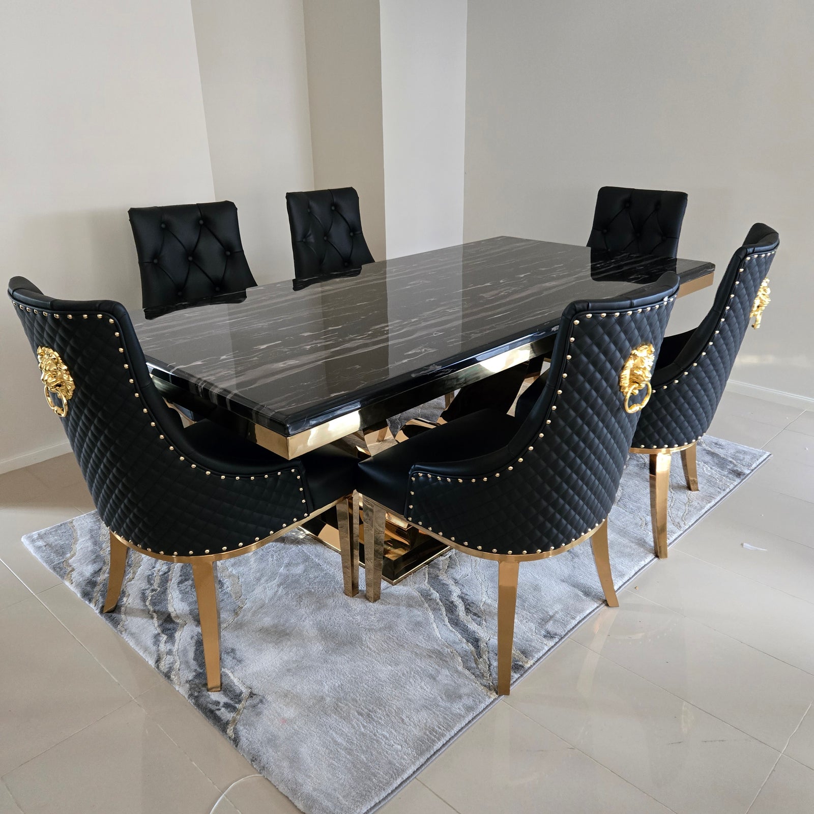 U-Shaped Marble Top Dining Table with Six Chairs