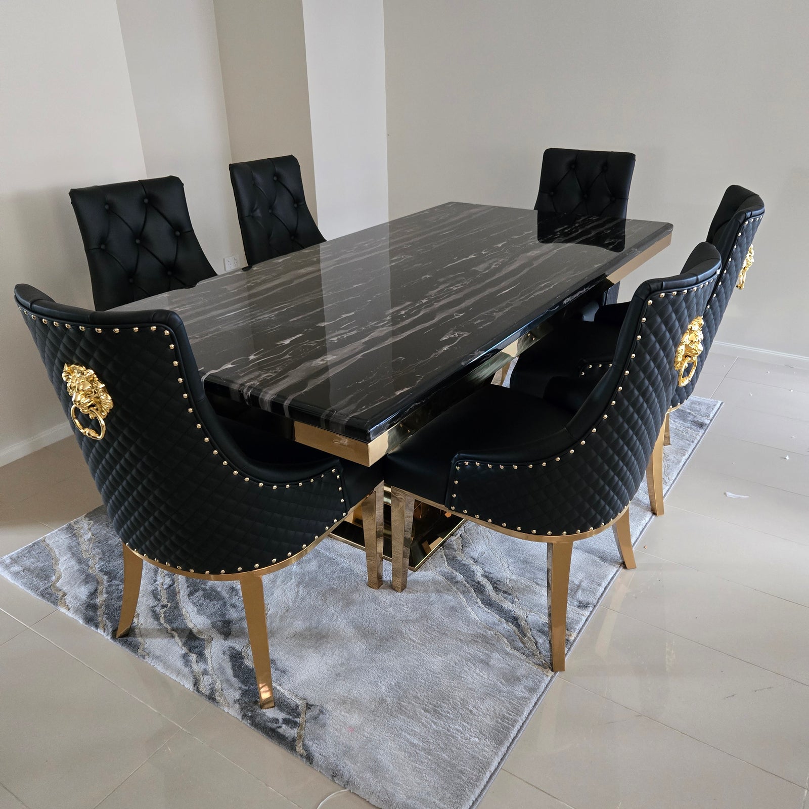 U-Shaped Marble Top Dining Table with Six Chairs