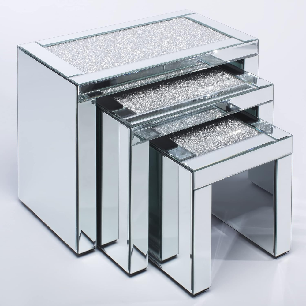 Modern Mirrored Diamond Crushed Glass Nested Side Tables in Silver set of 3