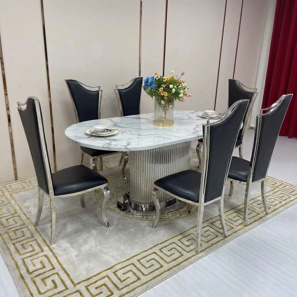 Dining table set with marble top and black chairs in a room with red curtains.