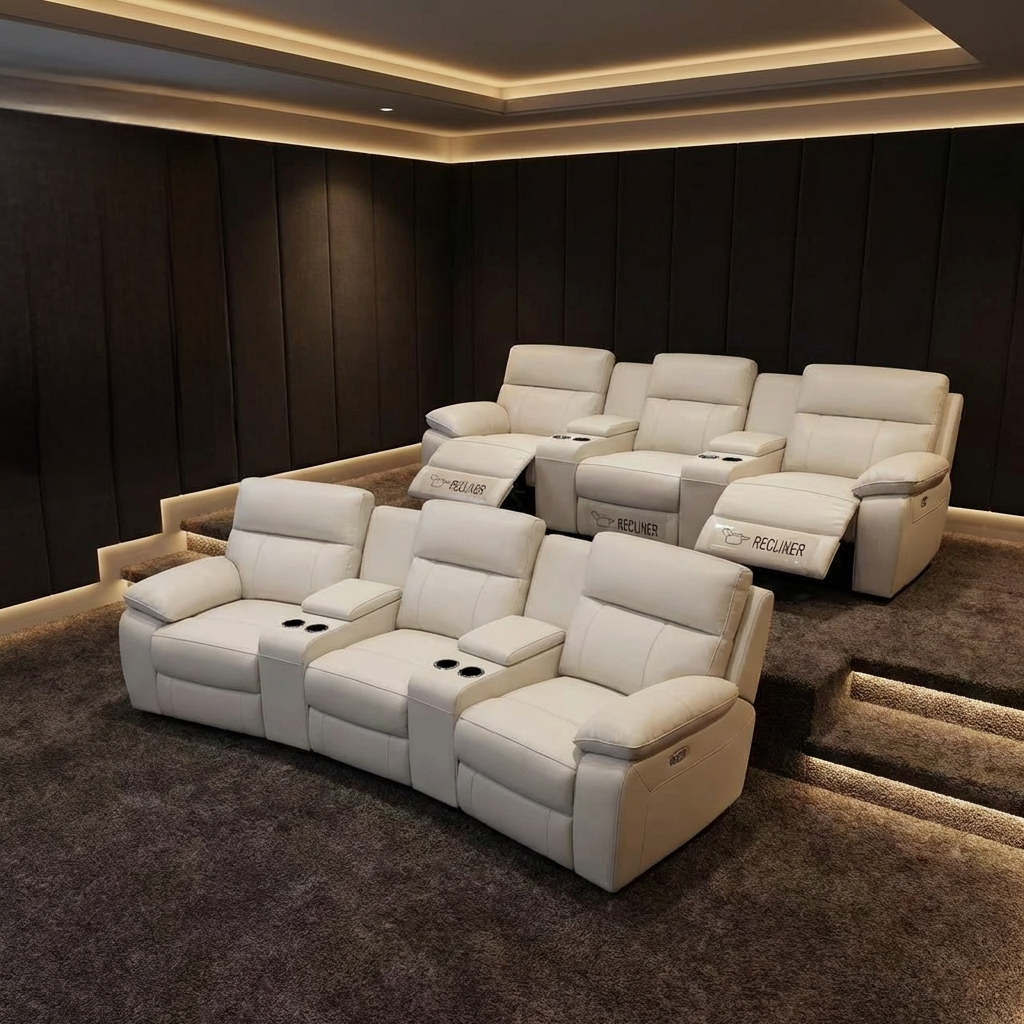Modern home theater with beige recliner seats in a dimly lit room.
