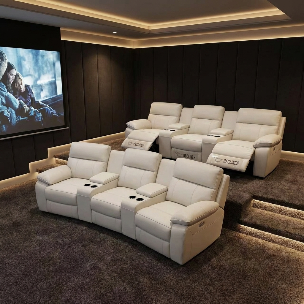 Modern home theater with white recliner seats and a large screen displaying a movie.