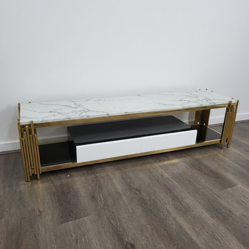Modern TV stand with marble top and gold frame on a wooden floor.